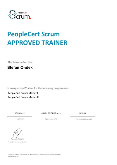 Scrum Master I +II Approved Trainer certifikát Štefan Ondek