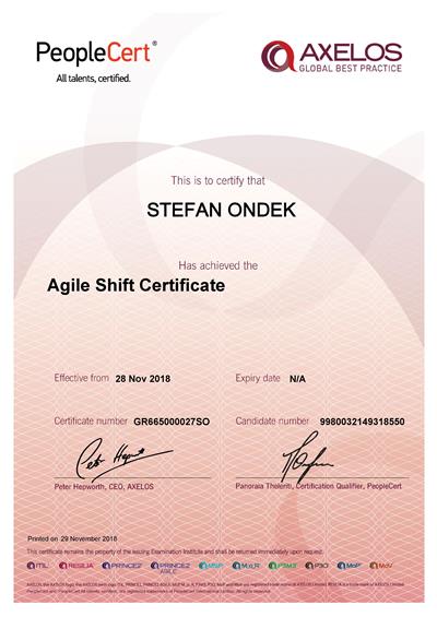 AgileSHIFT certifikát Štefan Ondek