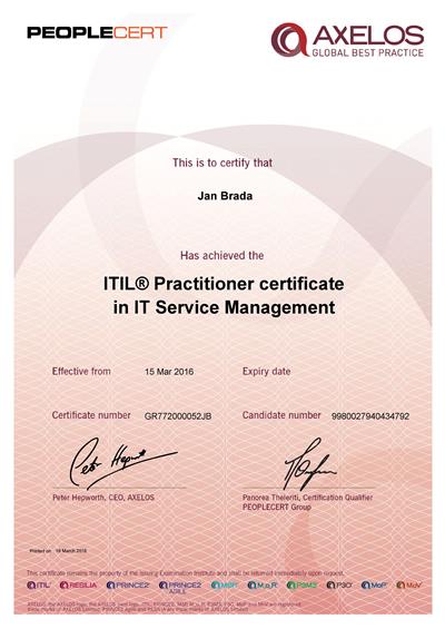 ITIL Practitioner certifikát Jan Brada