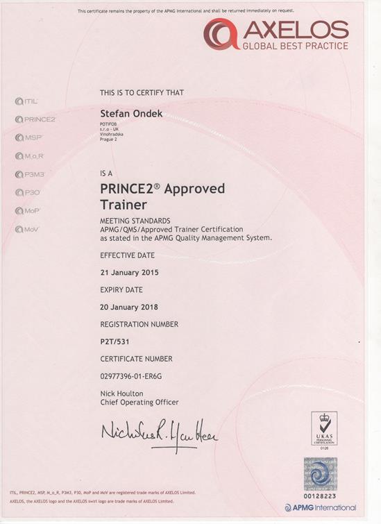 PRINCE2 Approved Trainer certifikát Štefan Ondek od APMG 2015-2018