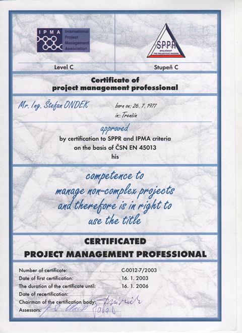 certifikát IPMA C Štefan Ondek 2003-2006