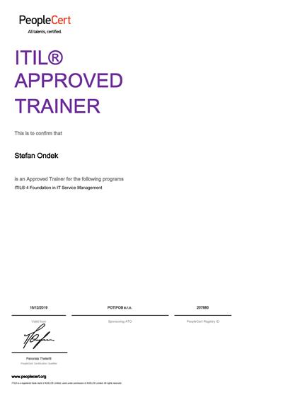 ITIL Approved Trainer certifikát Štefan Ondek