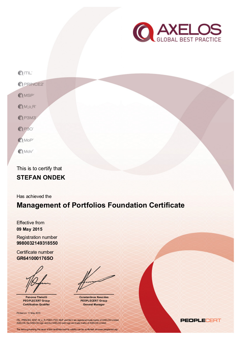 Certifikát MoP Foundation Štefan Ondek