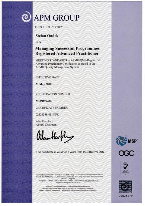 certifikát MSP Advanced Practitioner Štefan Ondek 2010-2015
