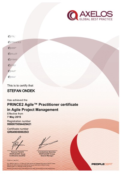 certifikát PRINCE2 Agile Practitioner Štefan Ondek