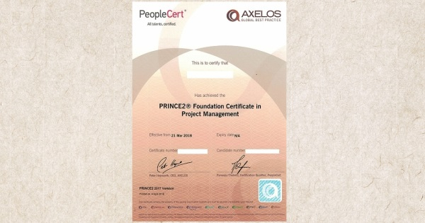 Platný certifikát PRINCE2 Foundation PeopleCert AXELOS